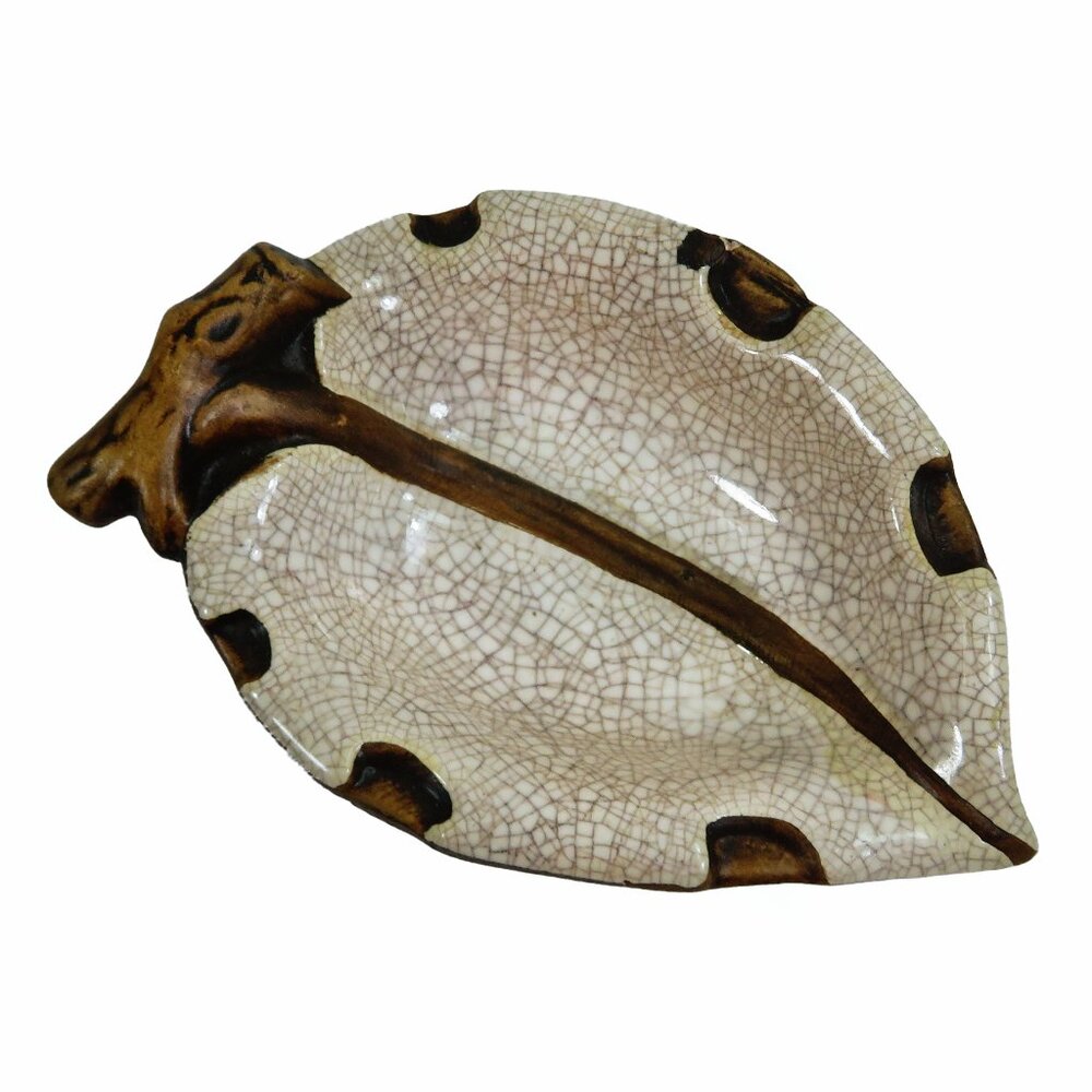 Vintage 1962 TREASURE CRAFT Hawaii 4.5" Leaf Trinket Dish No. 44 ~ Brown & Beige